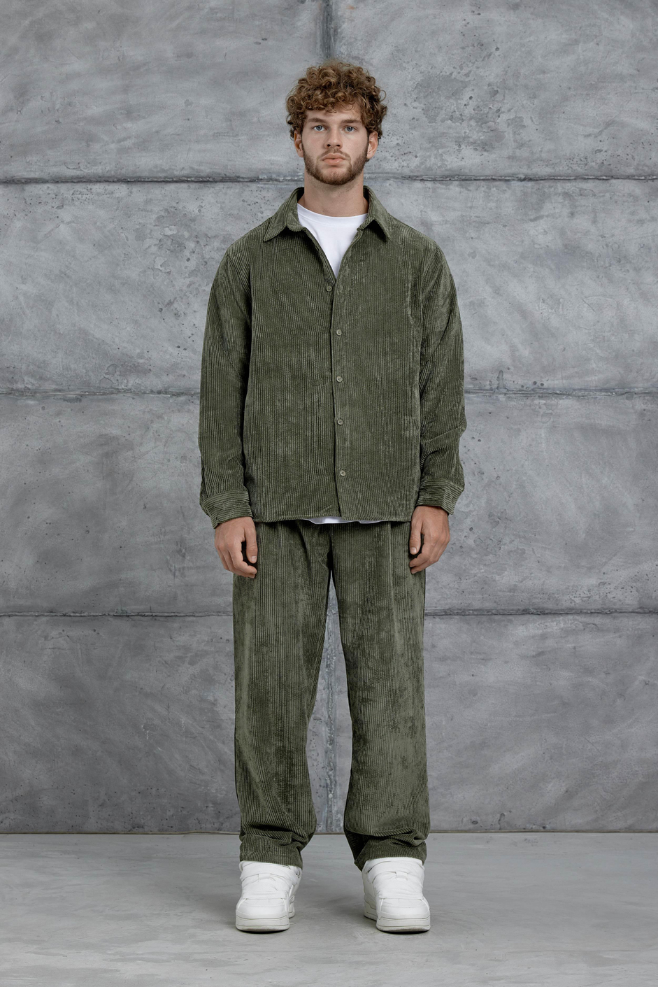 Haki 251 Kadife Oversize Gömlek ve Pantalon Takım