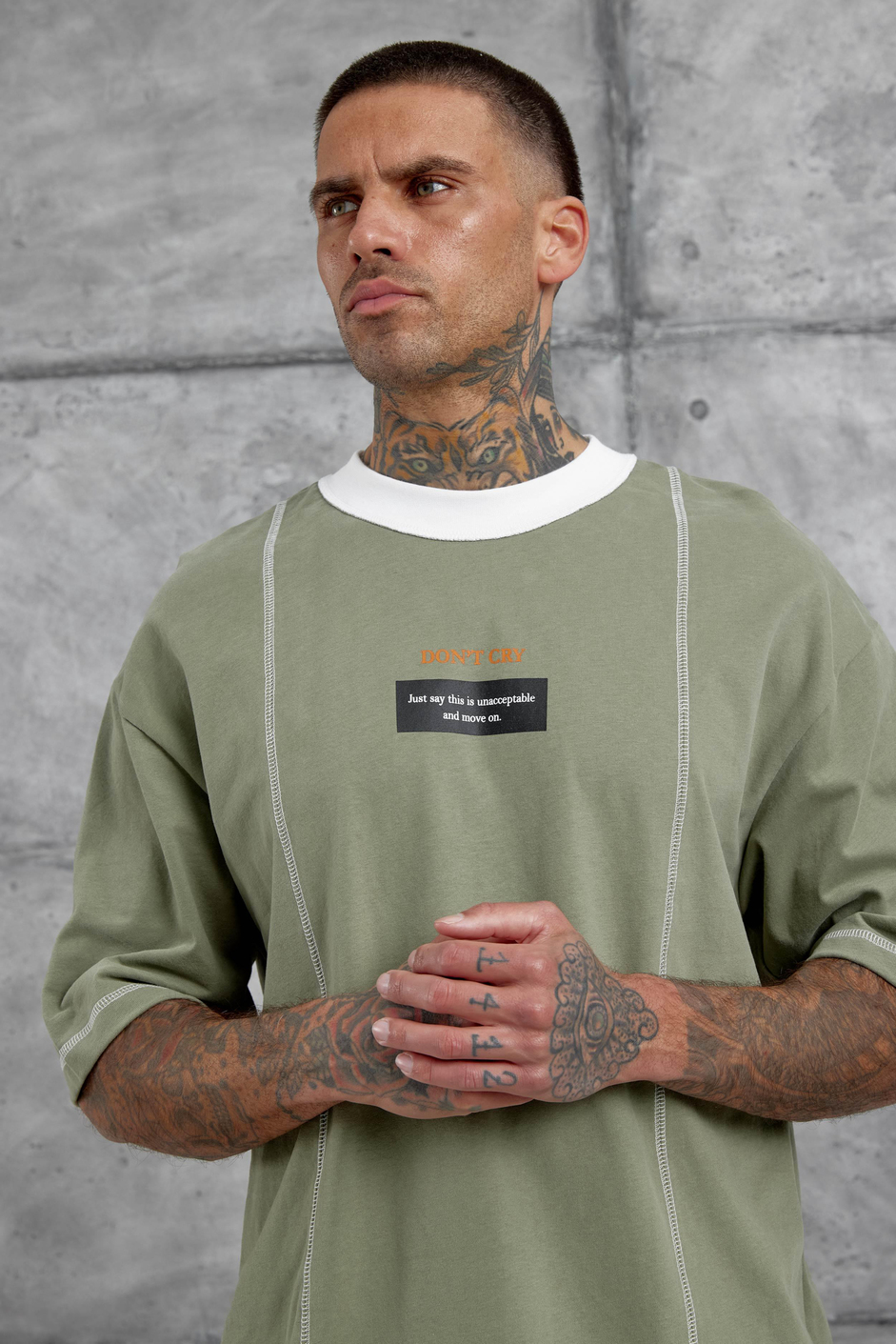 Haki Dont Cry Baskılı Oversize Tshirt