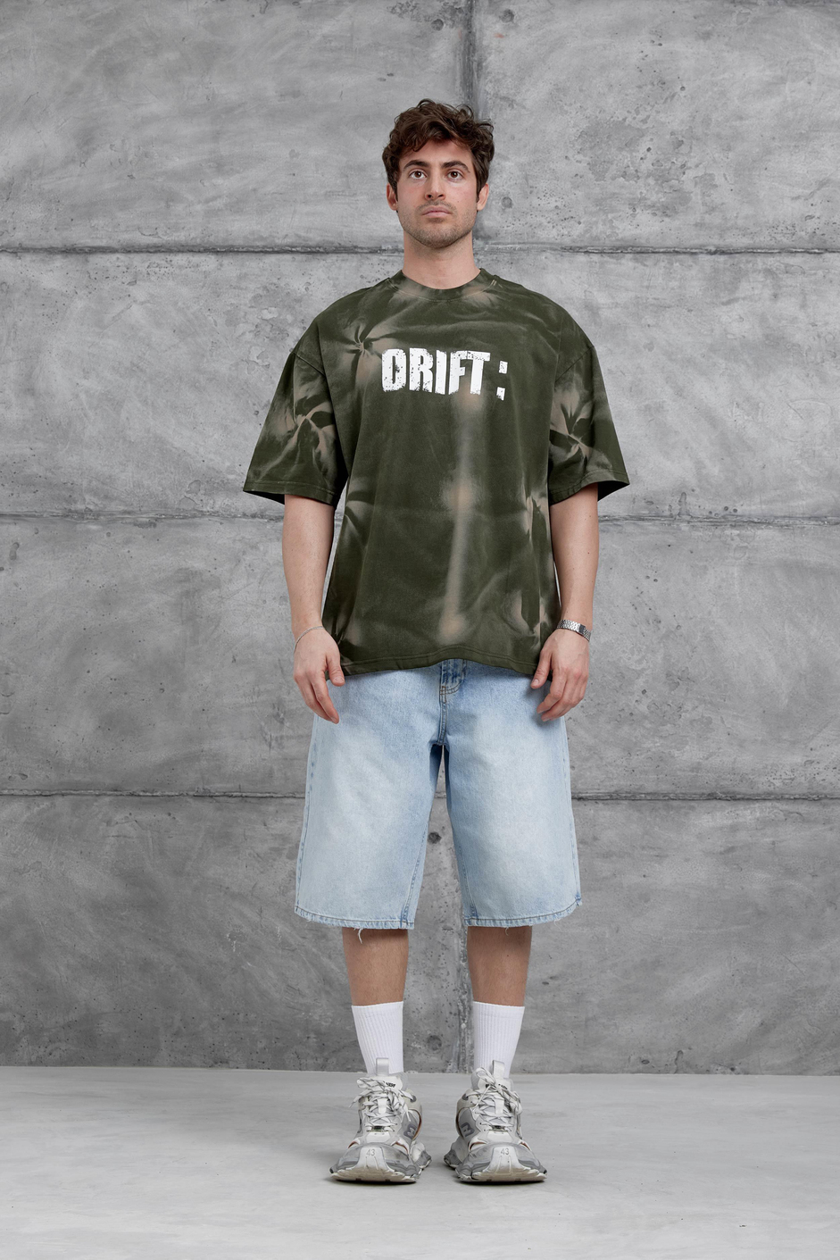 Haki Drift Yazılı Yıkamalı Oversize Tshirt