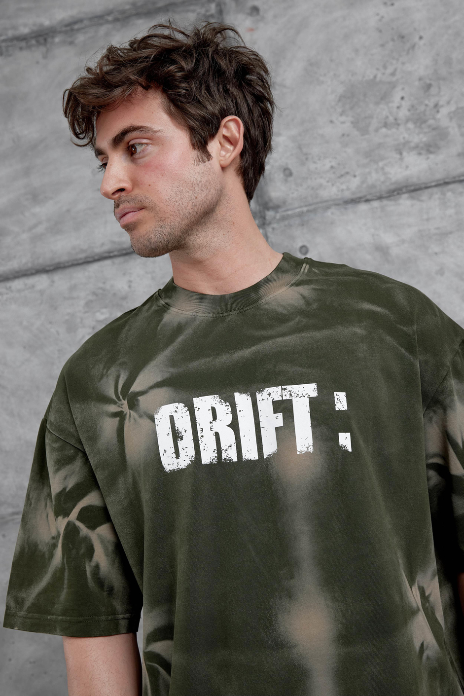 Haki Drift Yazılı Yıkamalı Oversize Tshirt