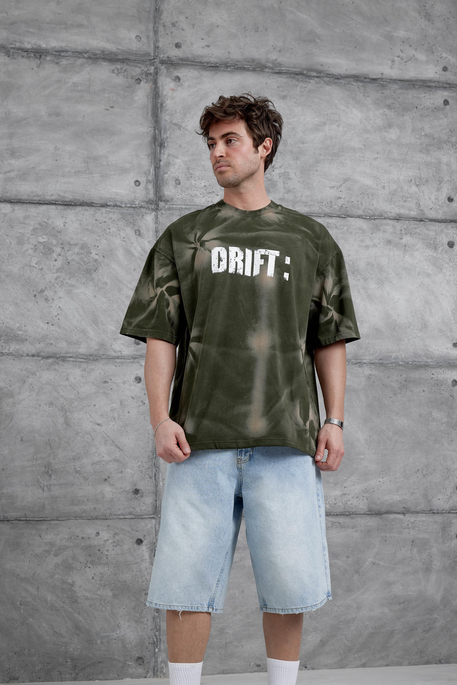 Haki Drift Yazılı Yıkamalı Oversize Tshirt