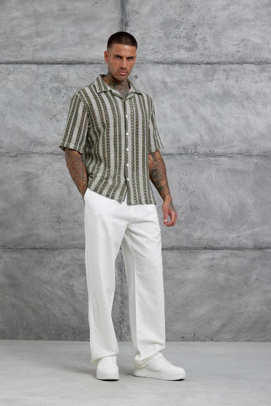 Haki Ekru Örme Oversize Gömlek