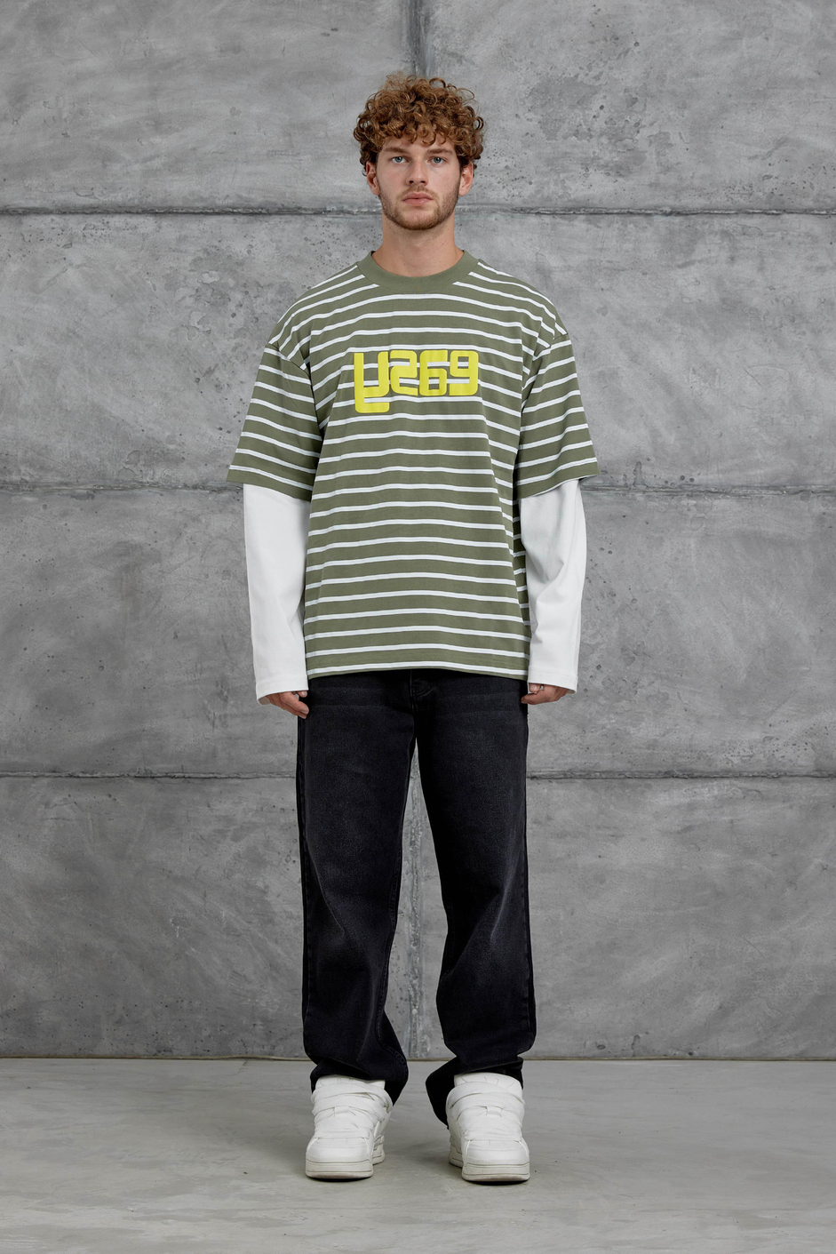 Haki Y269 Parça Kollu Çizgili Oversize Swaetshirt