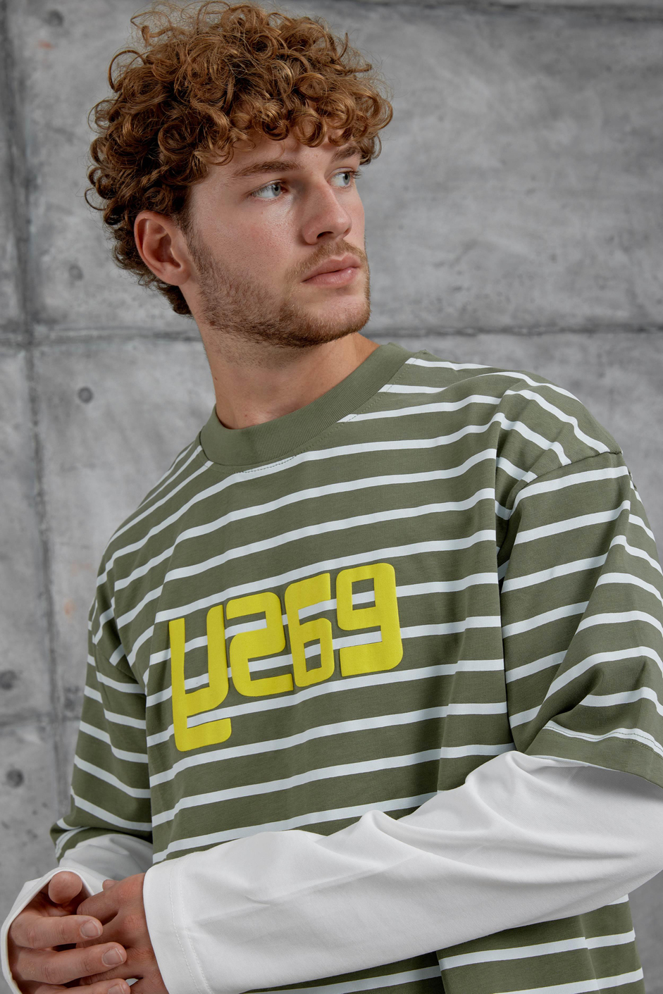 Haki Y269 Parça Kollu Çizgili Oversize Swaetshirt