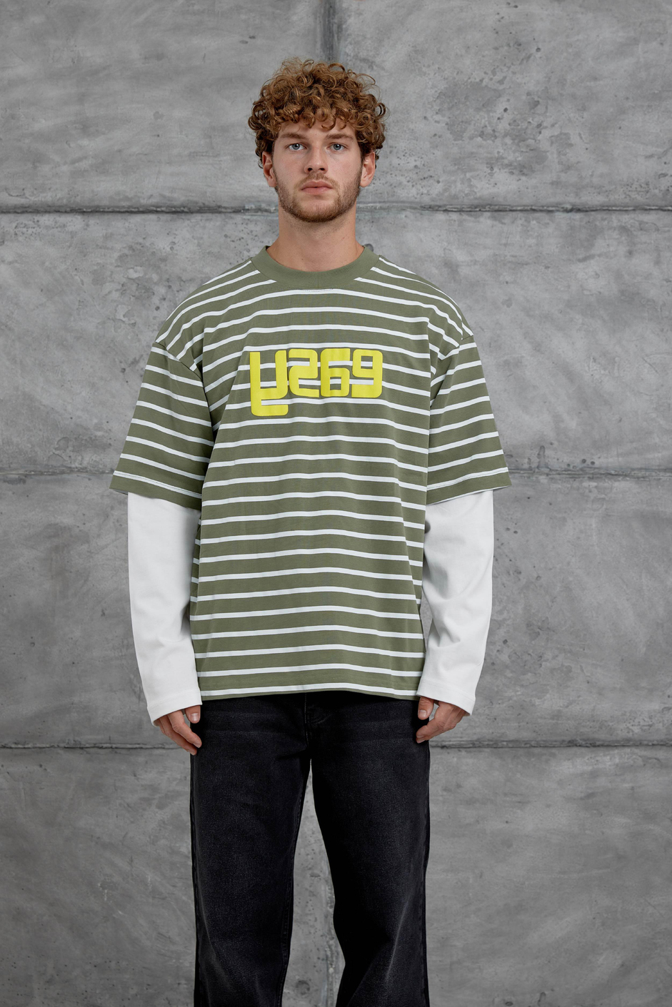 Haki Y269 Parça Kollu Çizgili Oversize Swaetshirt