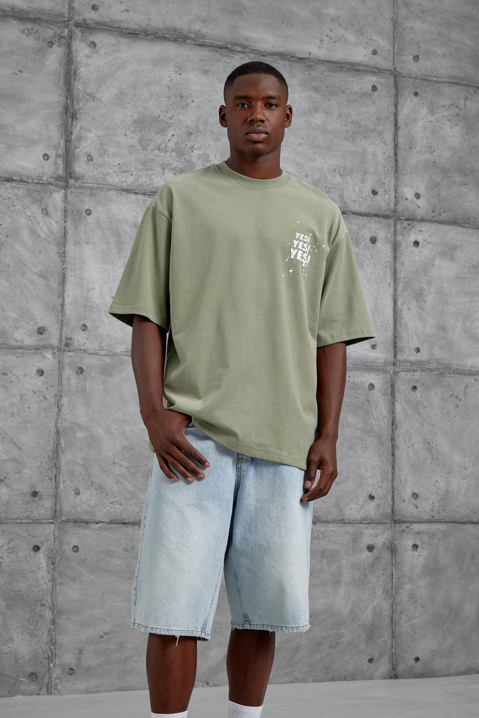 Haki Yes Yazılı Oversize Tshirt