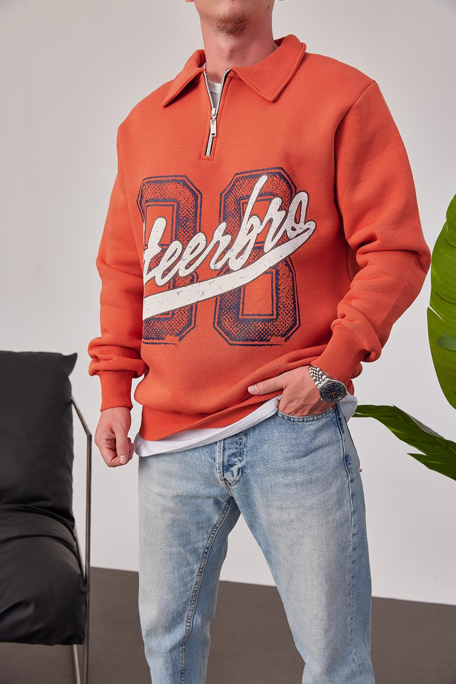 Heerbro Yakası Fermuarlı Kiremit Sweatshirt