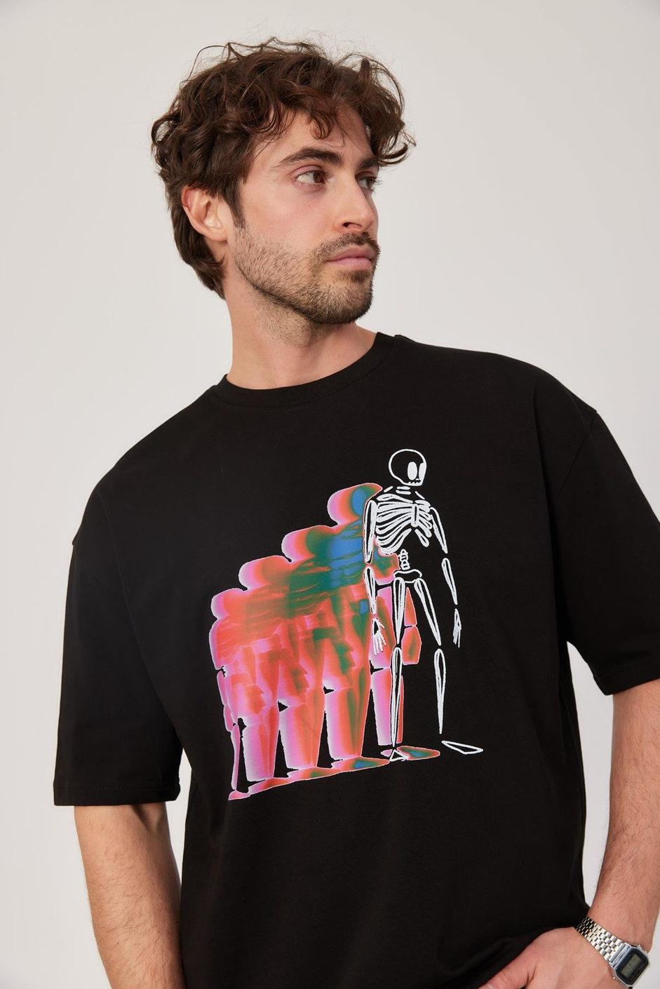 İskelet Baskılı Siyah Tshirt