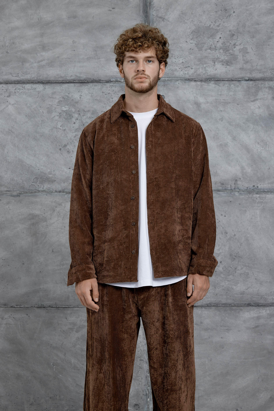 Kahverengi 251 Kadife Oversize Gömlek ve Pantalon Takım