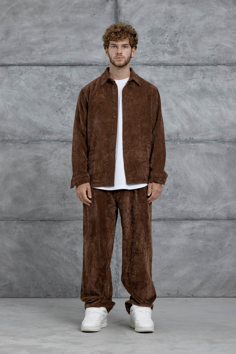 Kahverengi 251 Kadife Oversize Gömlek ve Pantalon Takım