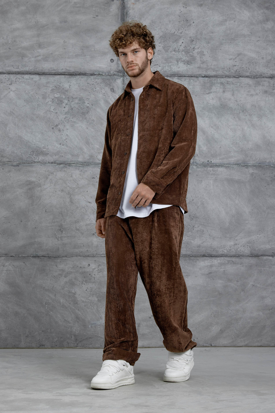 Kahverengi 251 Kadife Oversize Gömlek ve Pantalon Takım
