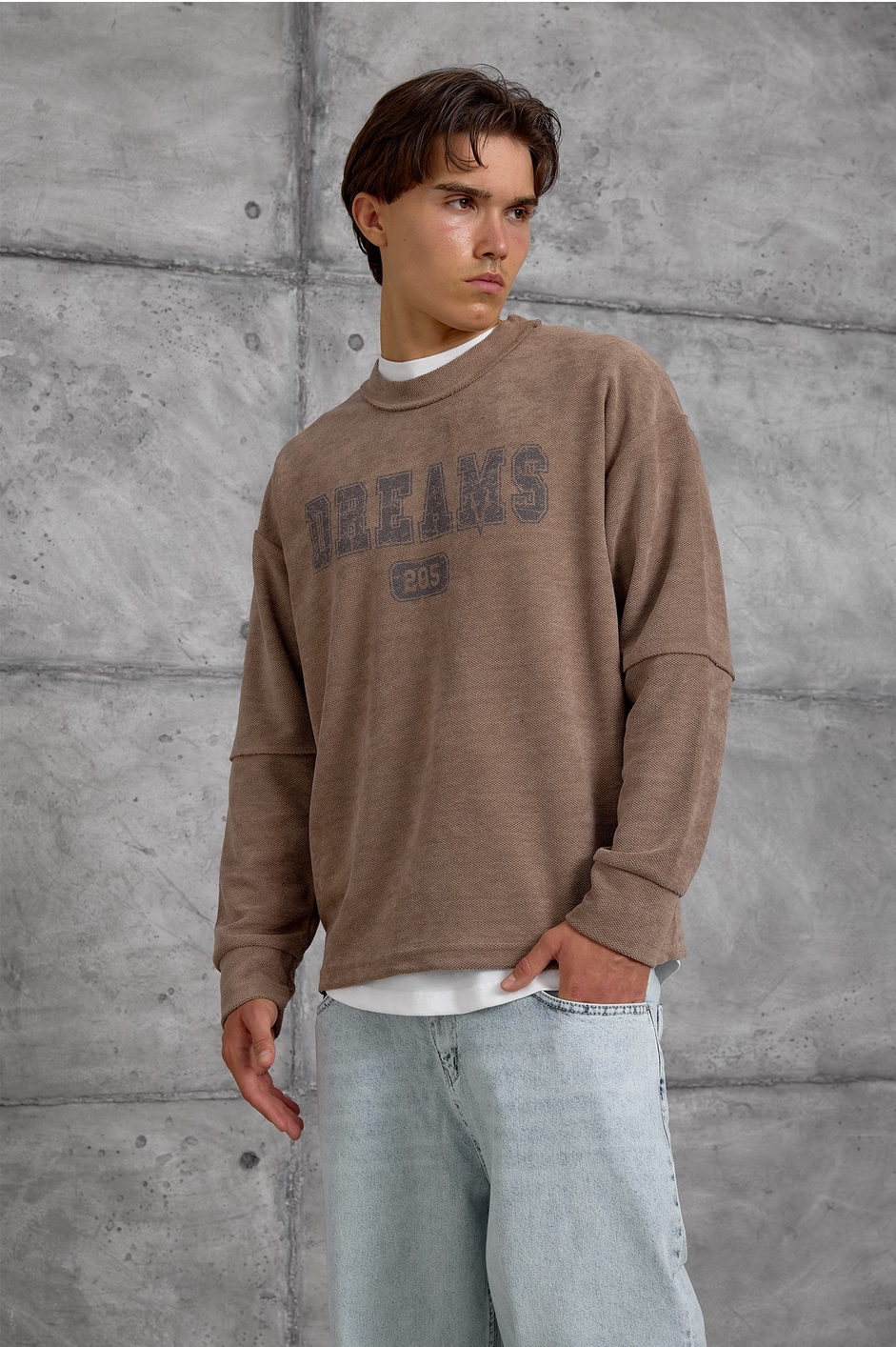 Kahverengi DREAMS BASKI DOKUMA KUMAŞ OVERSIZE SWEATSHIRT