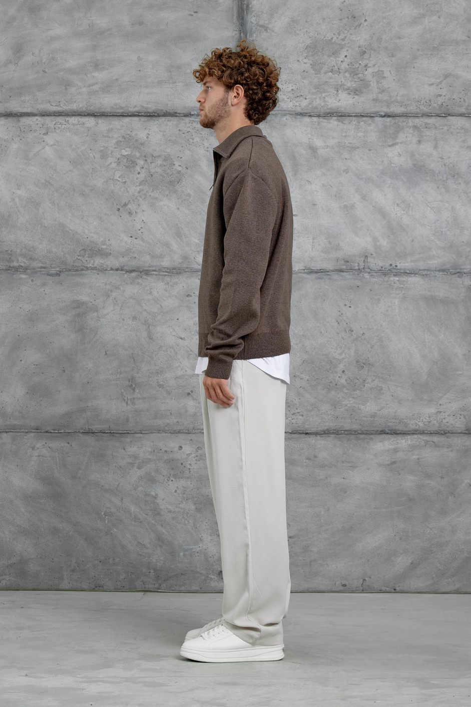 Kahverengi Gst Yarım Fermuarlı Oversize Triko