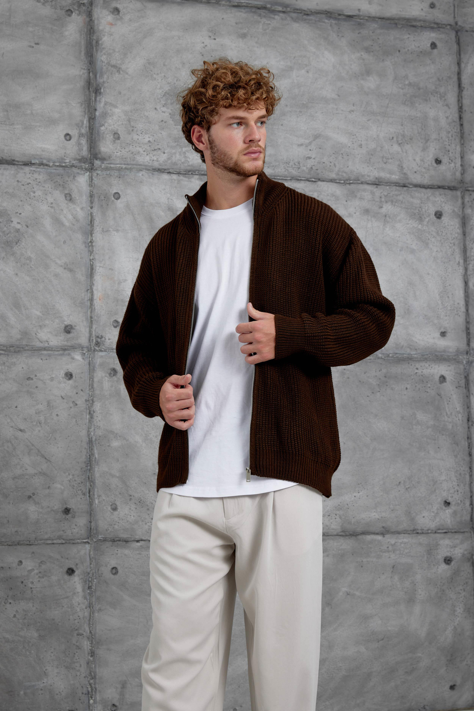 Kahverengi Mrk Fermuarlı Oversize Triko