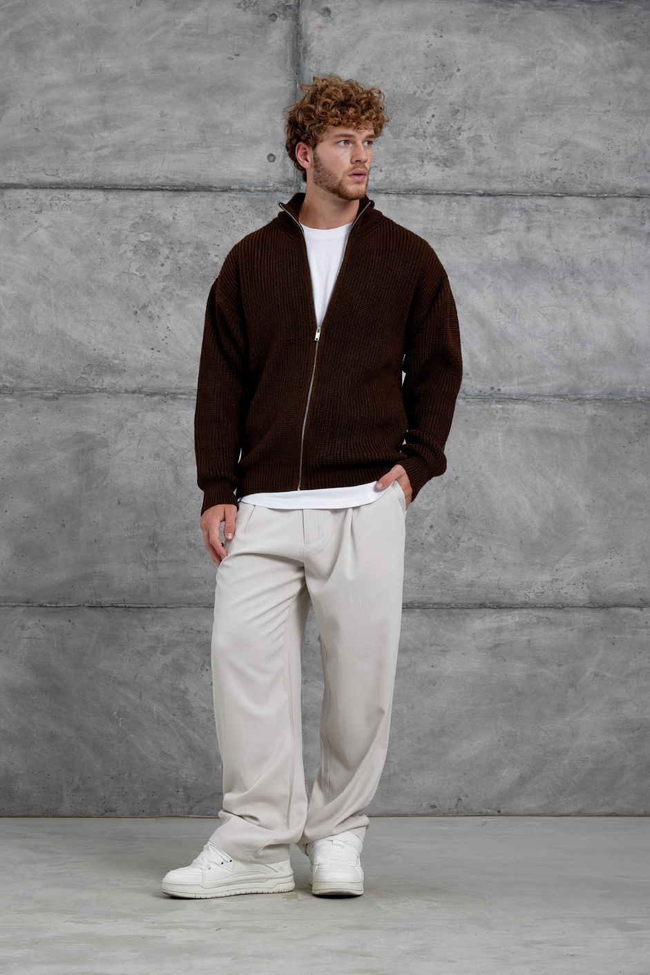 Kahverengi Mrk Fermuarlı Oversize Triko
