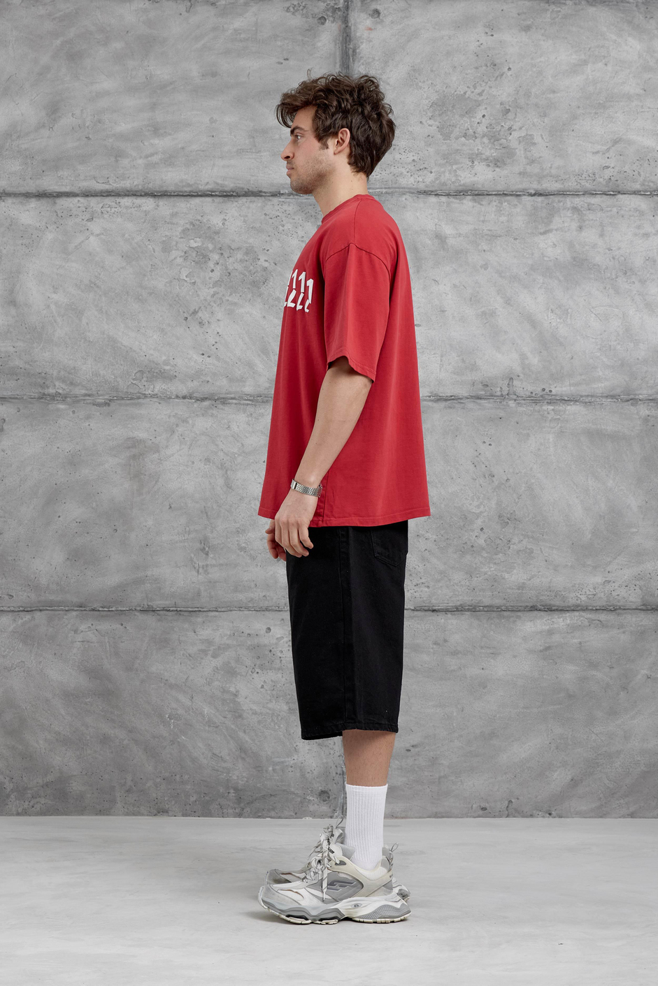 Kırmızı 1111 Yazılı Yıkamalı Oversize Tshirt