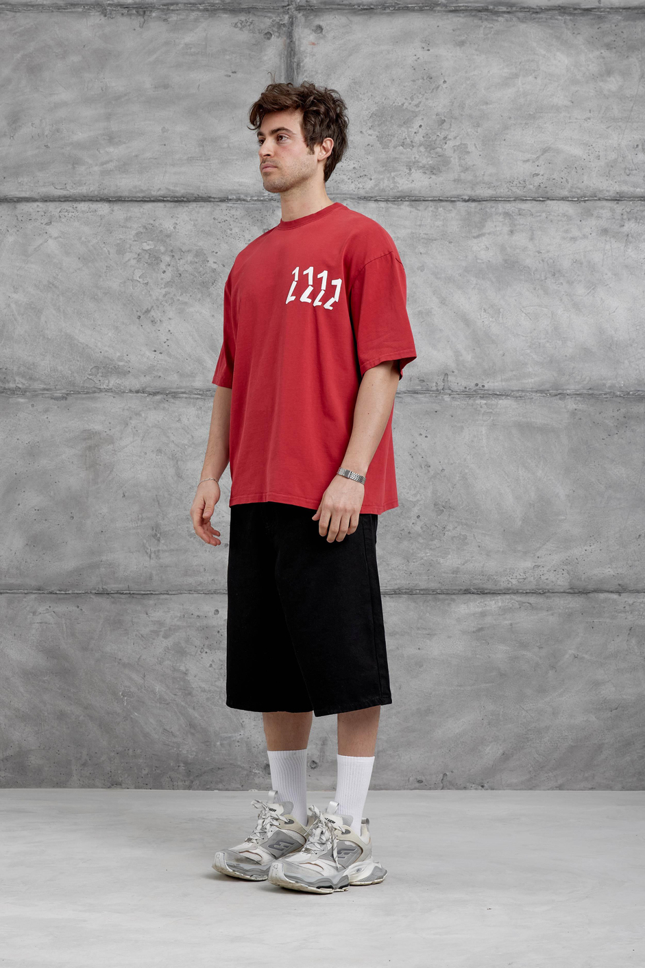 Kırmızı 1111 Yazılı Yıkamalı Oversize Tshirt