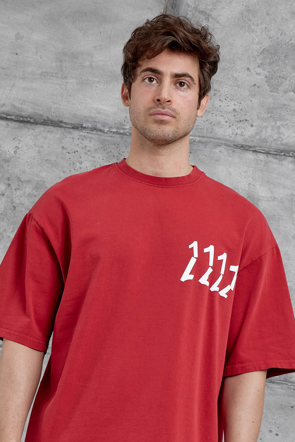 Kırmızı 1111 Yazılı Yıkamalı Oversize Tshirt