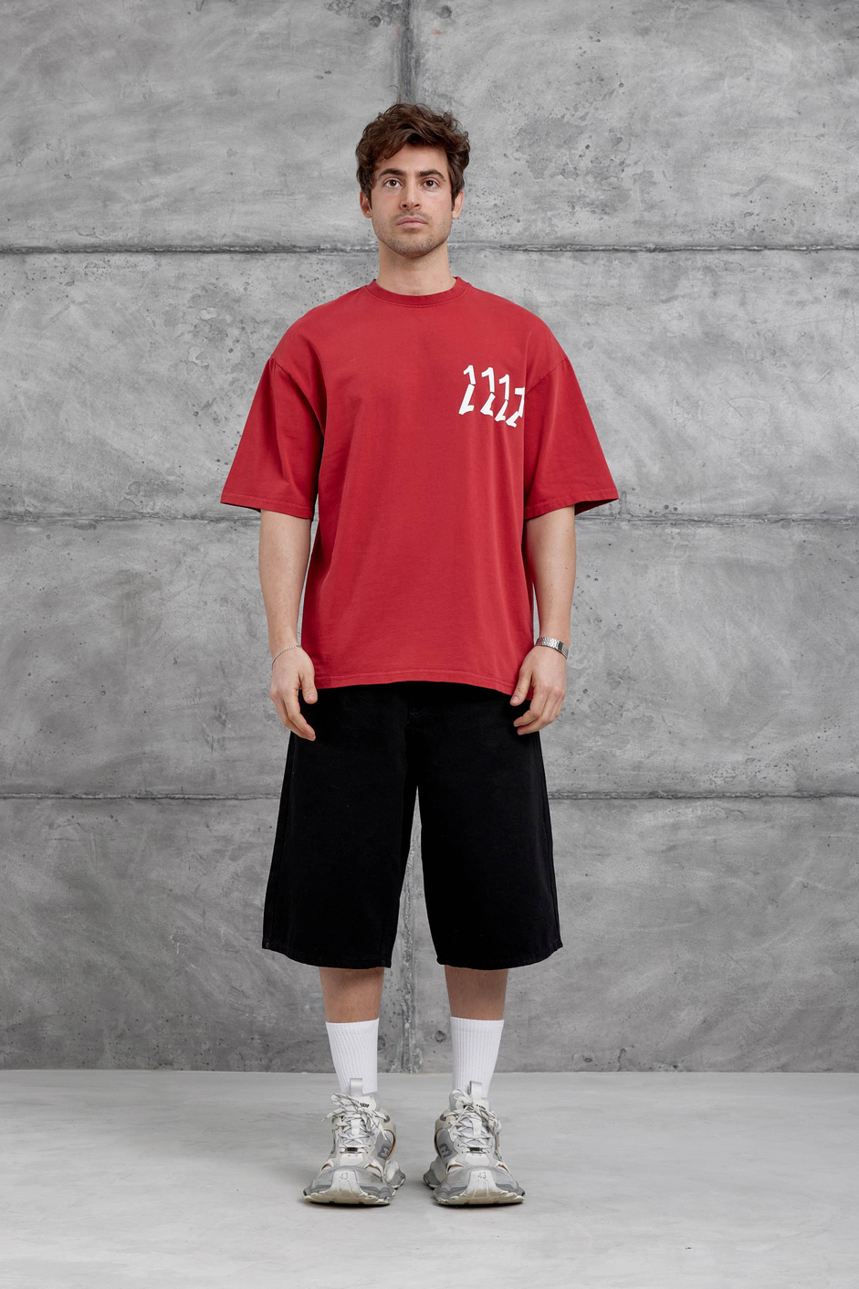 Kırmızı 1111 Yazılı Yıkamalı Oversize Tshirt