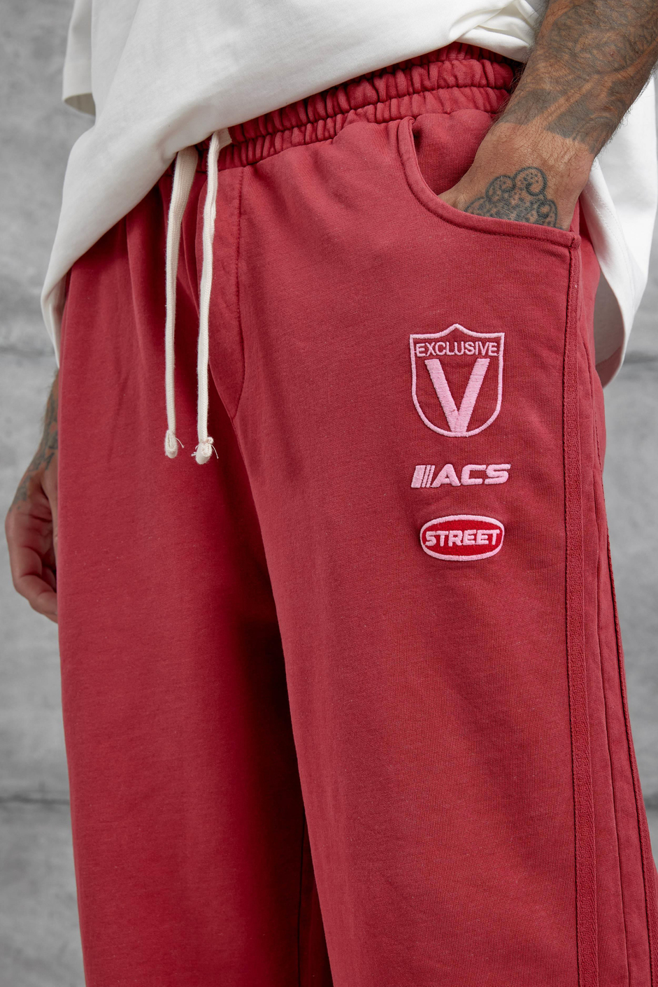 Kırmızı Acs Street Yazılı Yıkamalı Baggy Eşofman Altı