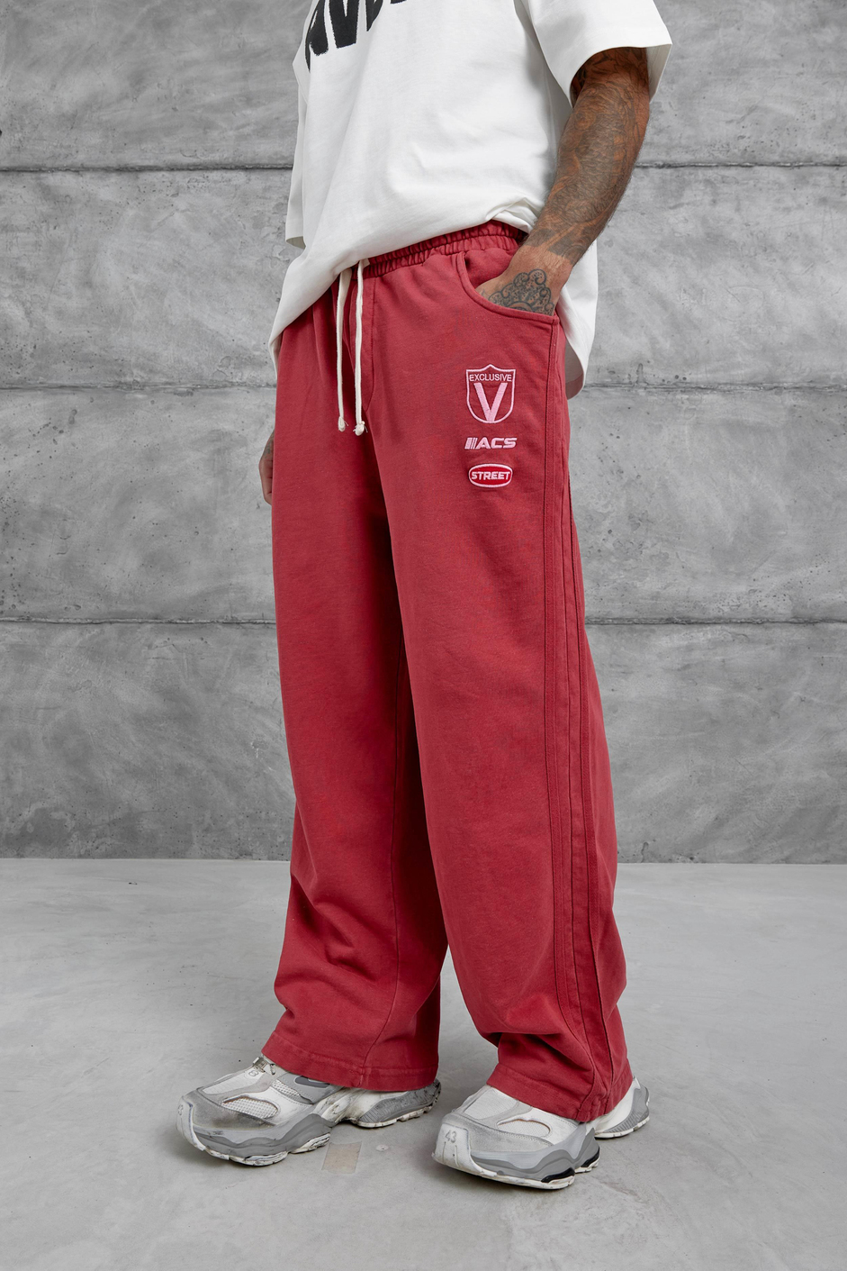 Kırmızı Acs Street Yazılı Yıkamalı Baggy Eşofman Altı