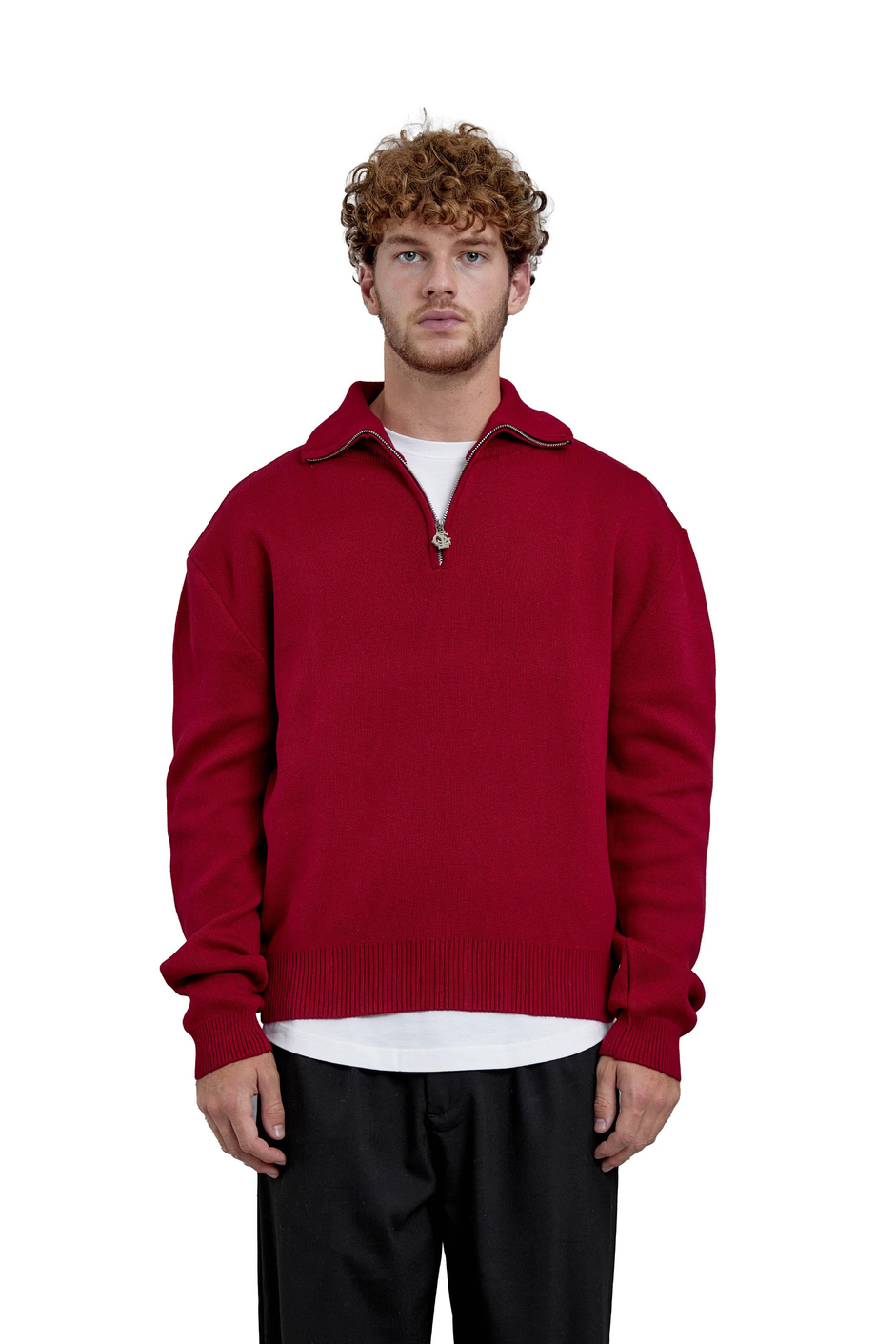 Kırmızı Gst Yarım Fermuarlı Oversize Triko