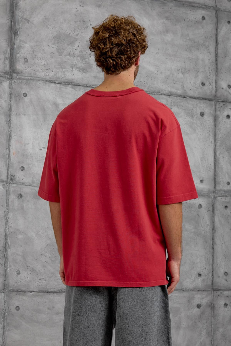 Kırmızı HARF DİKİŞLİ YIKAMALI OVERSIZE TSHIRT