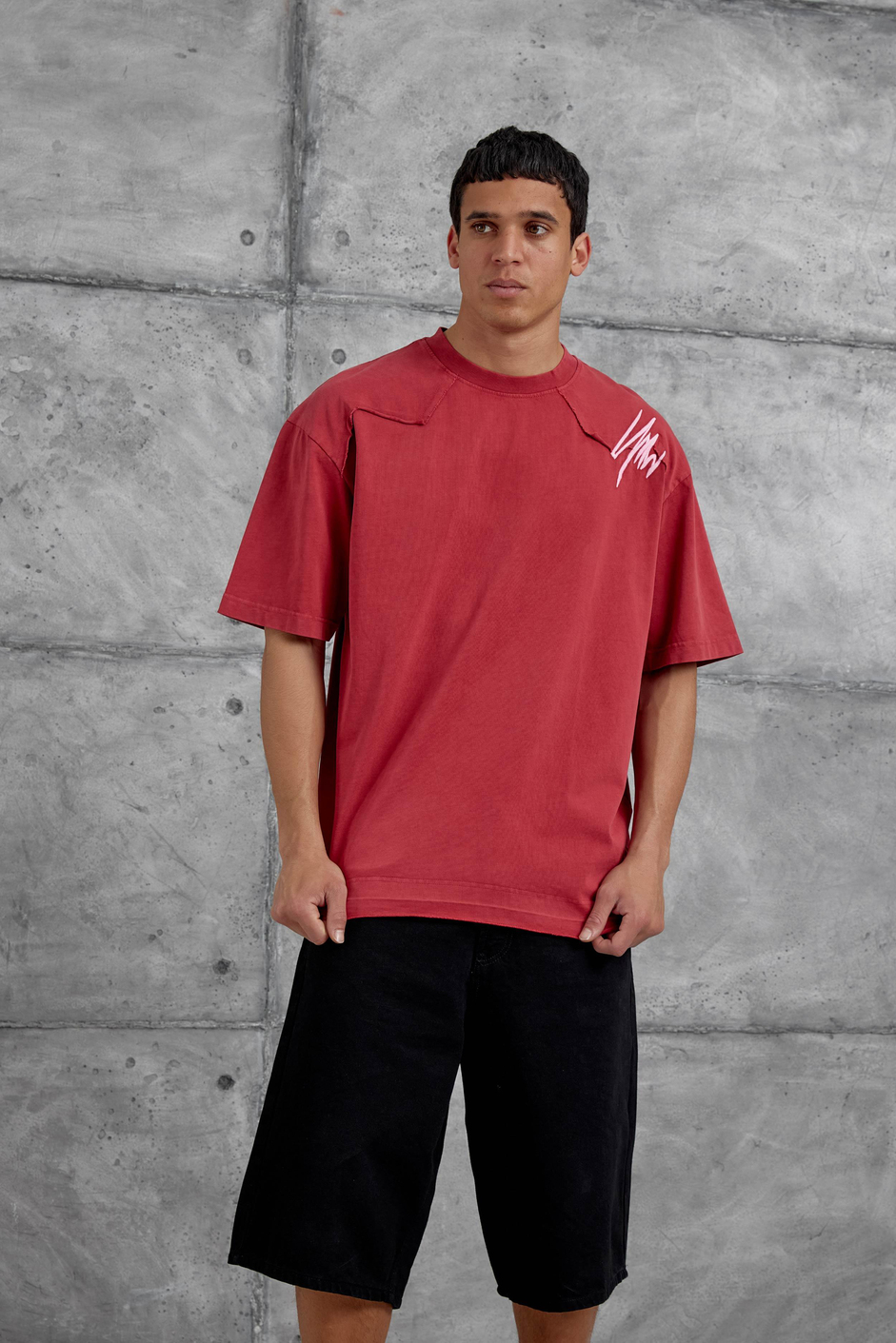 Kırmızı Parçalı Yıkamalı Oversize Tshirt