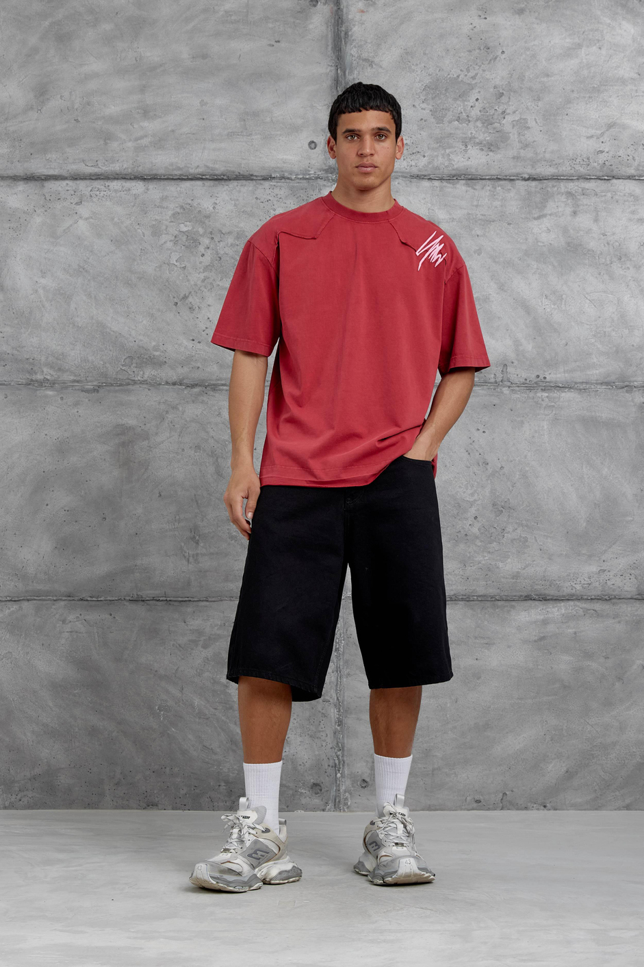 Kırmızı Parçalı Yıkamalı Oversize Tshirt