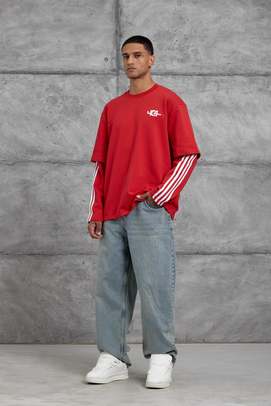 Kırmızı Yc4 Oversize Kolu Parçalı  Şerit Detaylı Minimal Tasarım Sweatshirt