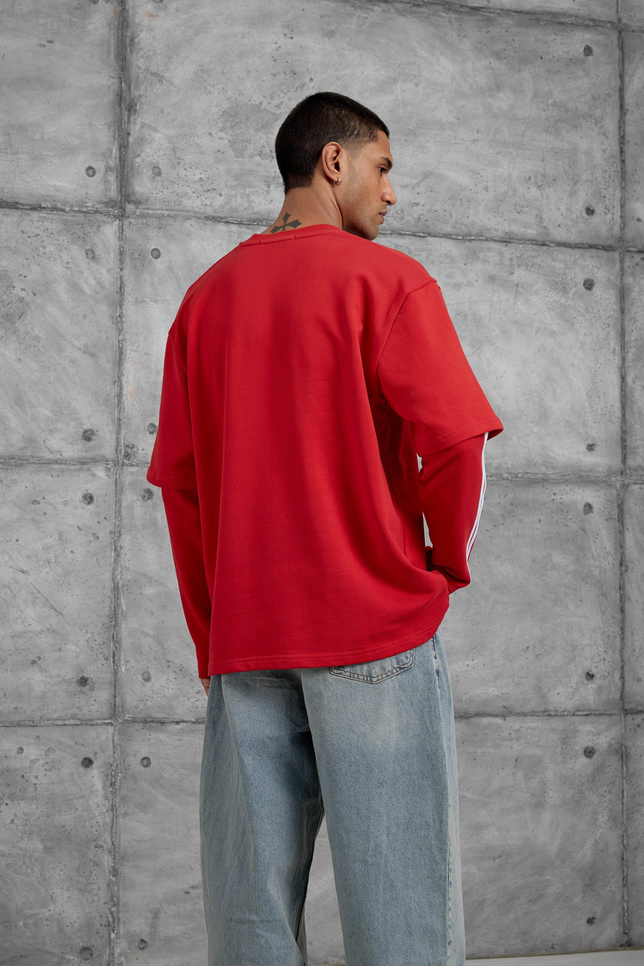 Kırmızı Yc4 Oversize Kolu Parçalı  Şerit Detaylı Minimal Tasarım Sweatshirt