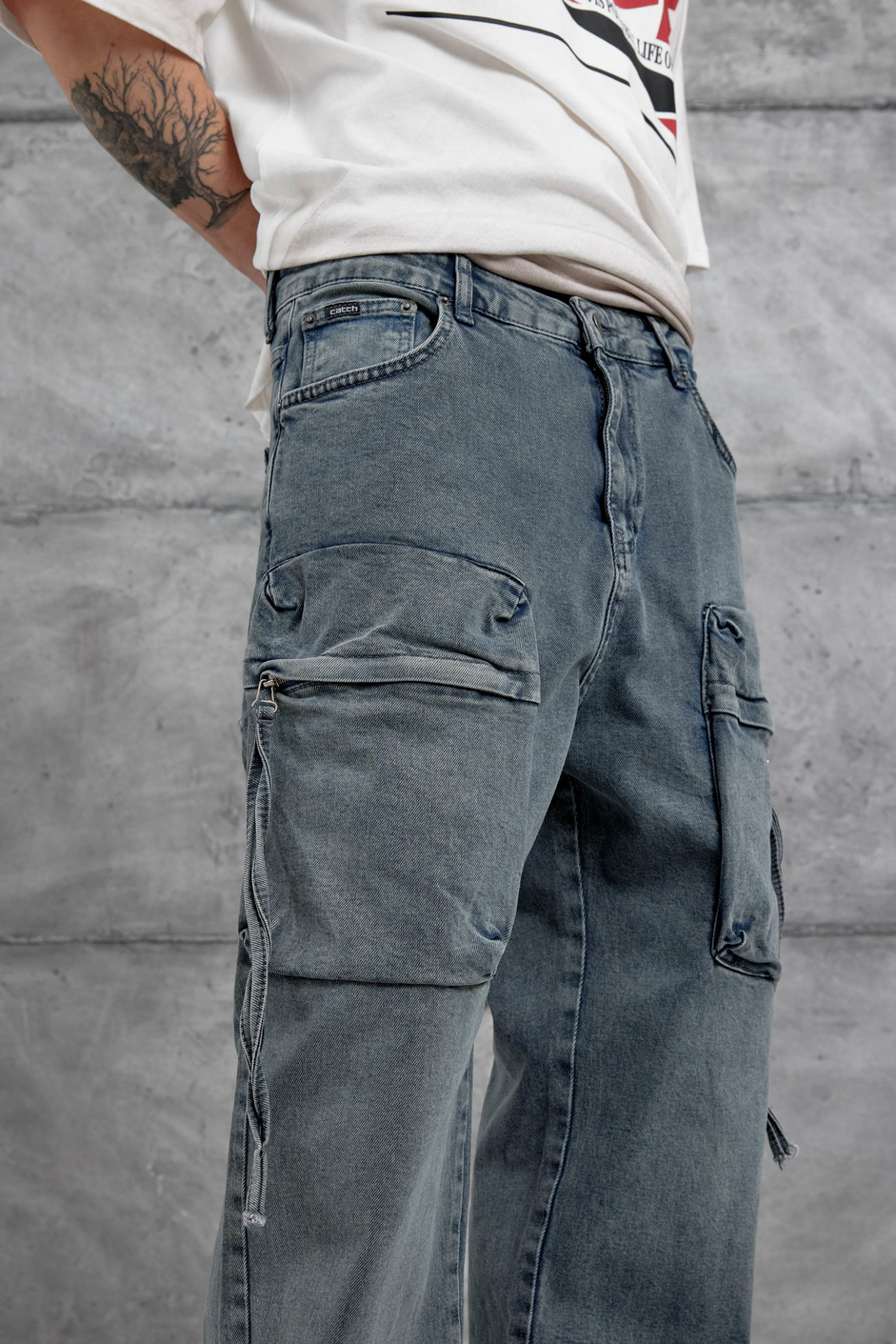 Koyu Lacivert Cth Vintage Taşlamalı Cep Ve Paça Detaylı Baggy Jean