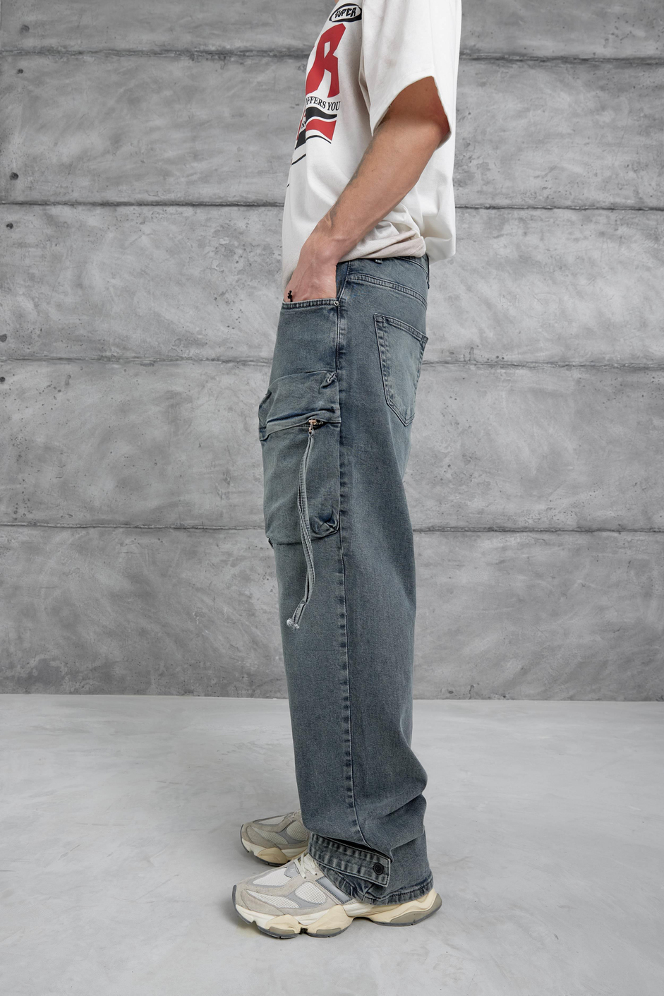 Koyu Lacivert Cth Vintage Taşlamalı Cep Ve Paça Detaylı Baggy Jean
