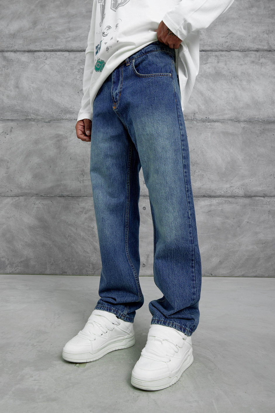 Koyu Lacivert Mb Baggy Kalıp Taşlamalı Jean