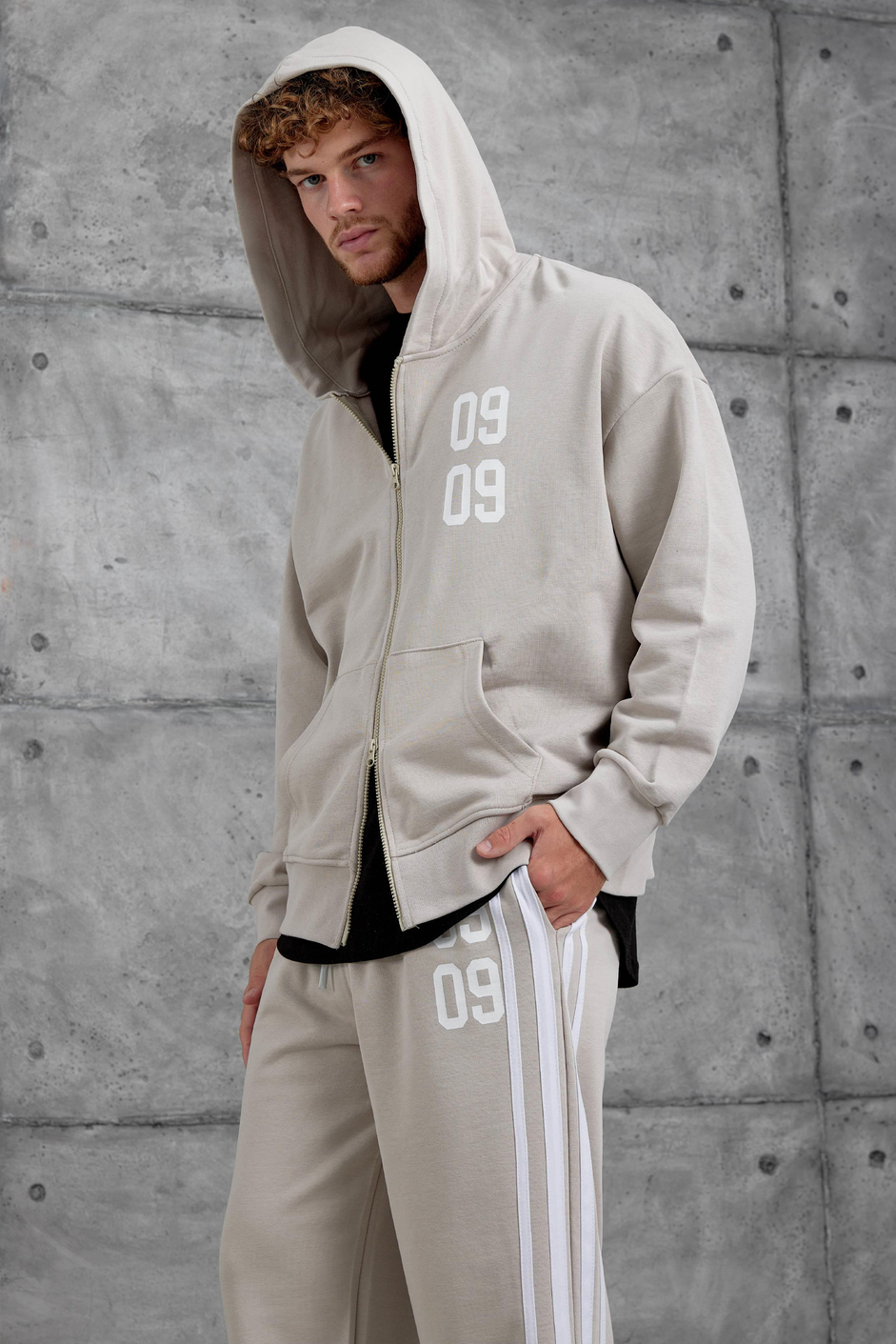 Krem 0909 Baskılı Oversize Eşofman Takımı