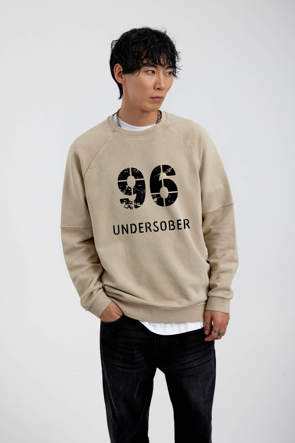 Krem 96 Baskılı Bisiklet Yakalı Sweatshirt