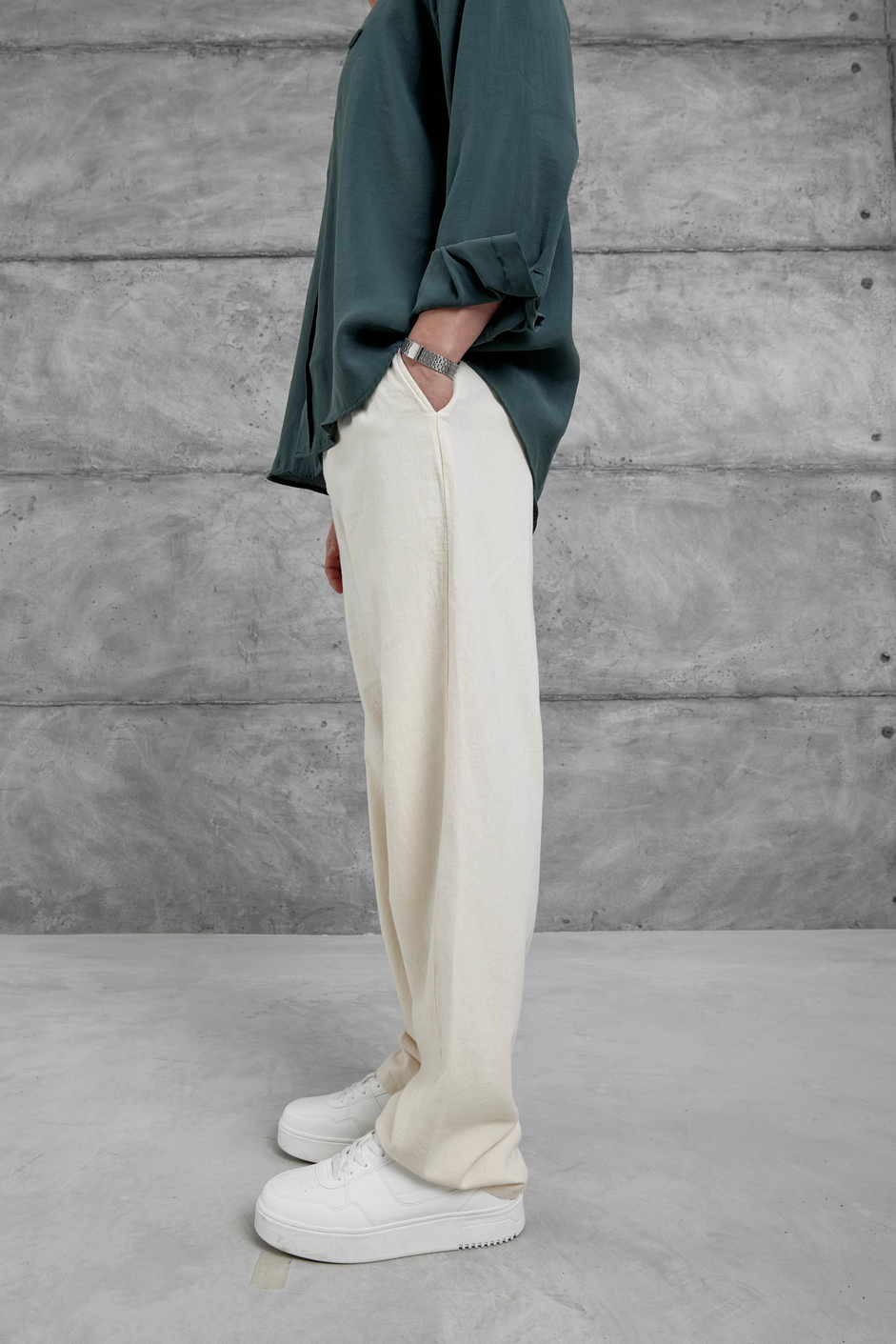 Krem Baggy Kalıp Gabardin Pantolon