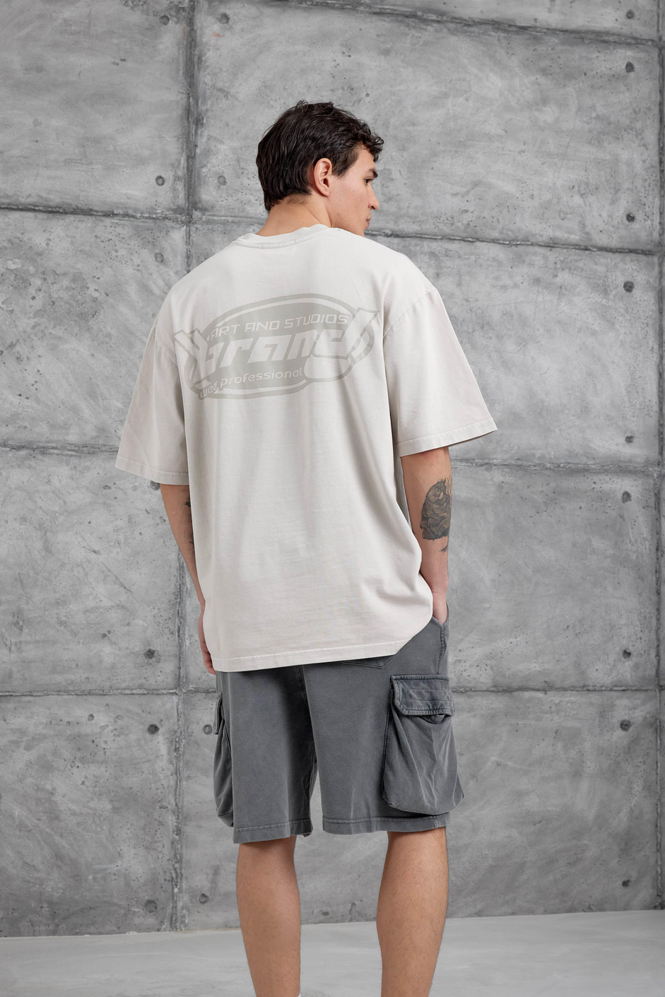 Krem Brand Yazılı Yıkamalı Oversize Tshirt