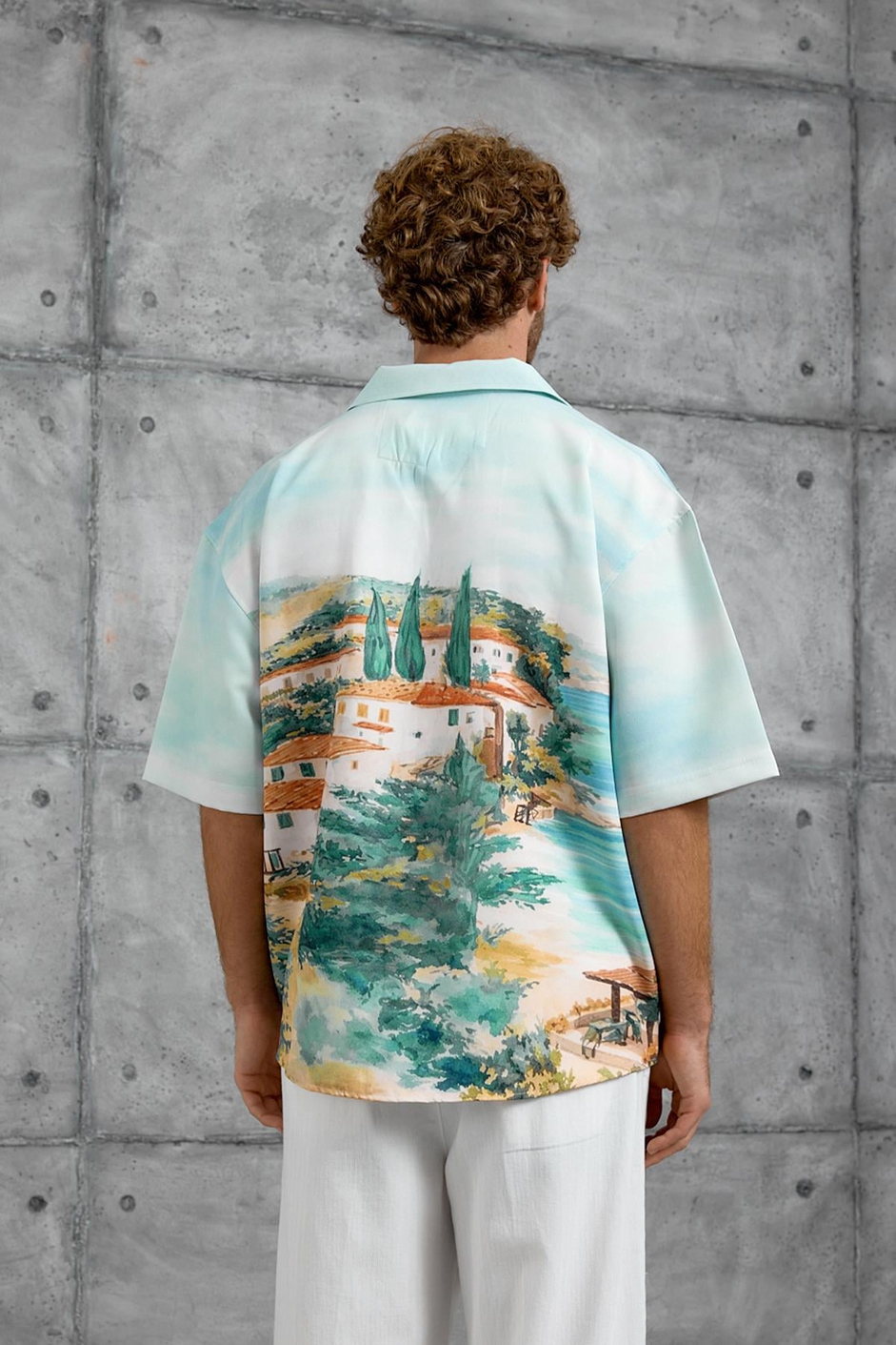 Krem DIGITAL BASKI OVERSIZE GÖMLEK