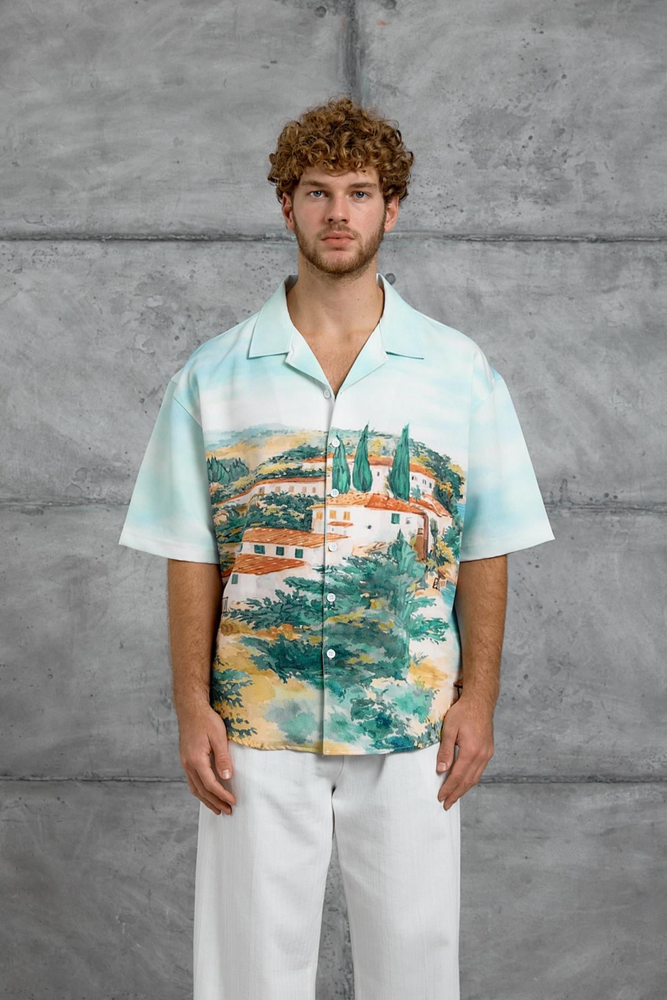 Krem DIGITAL BASKI OVERSIZE GÖMLEK