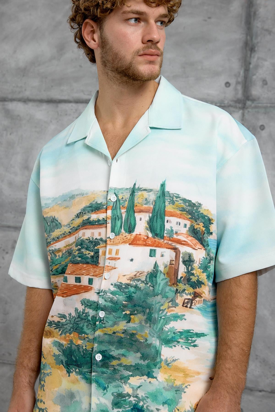 Krem DIGITAL BASKI OVERSIZE GÖMLEK