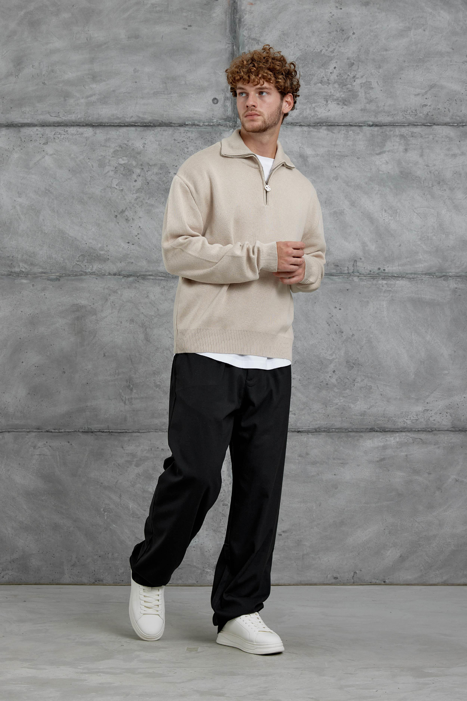 Krem Gst Yarım Fermuarlı Oversize Triko