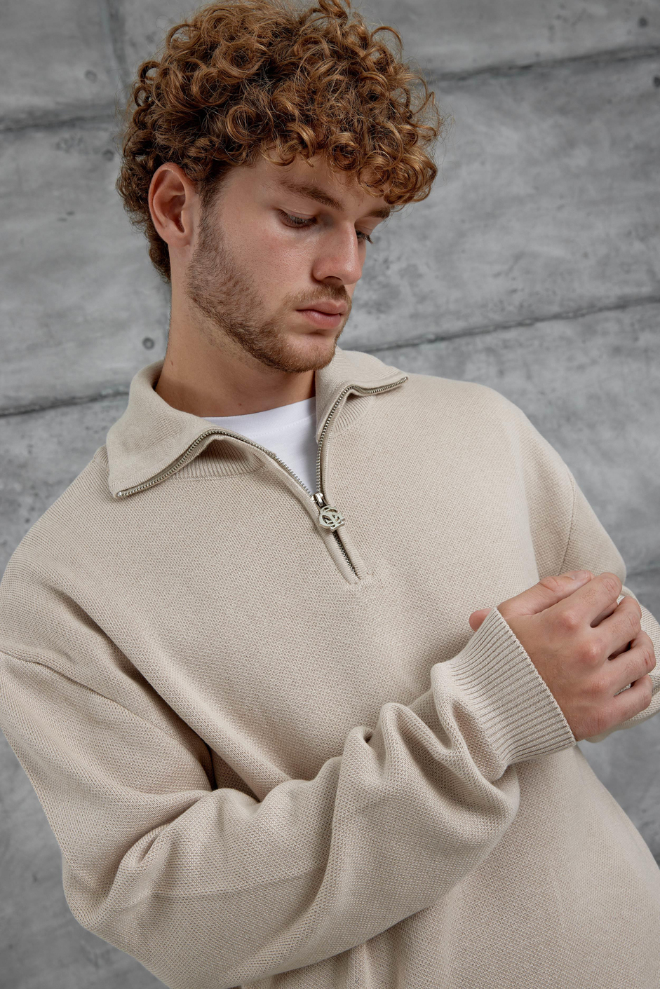 Krem Gst Yarım Fermuarlı Oversize Triko