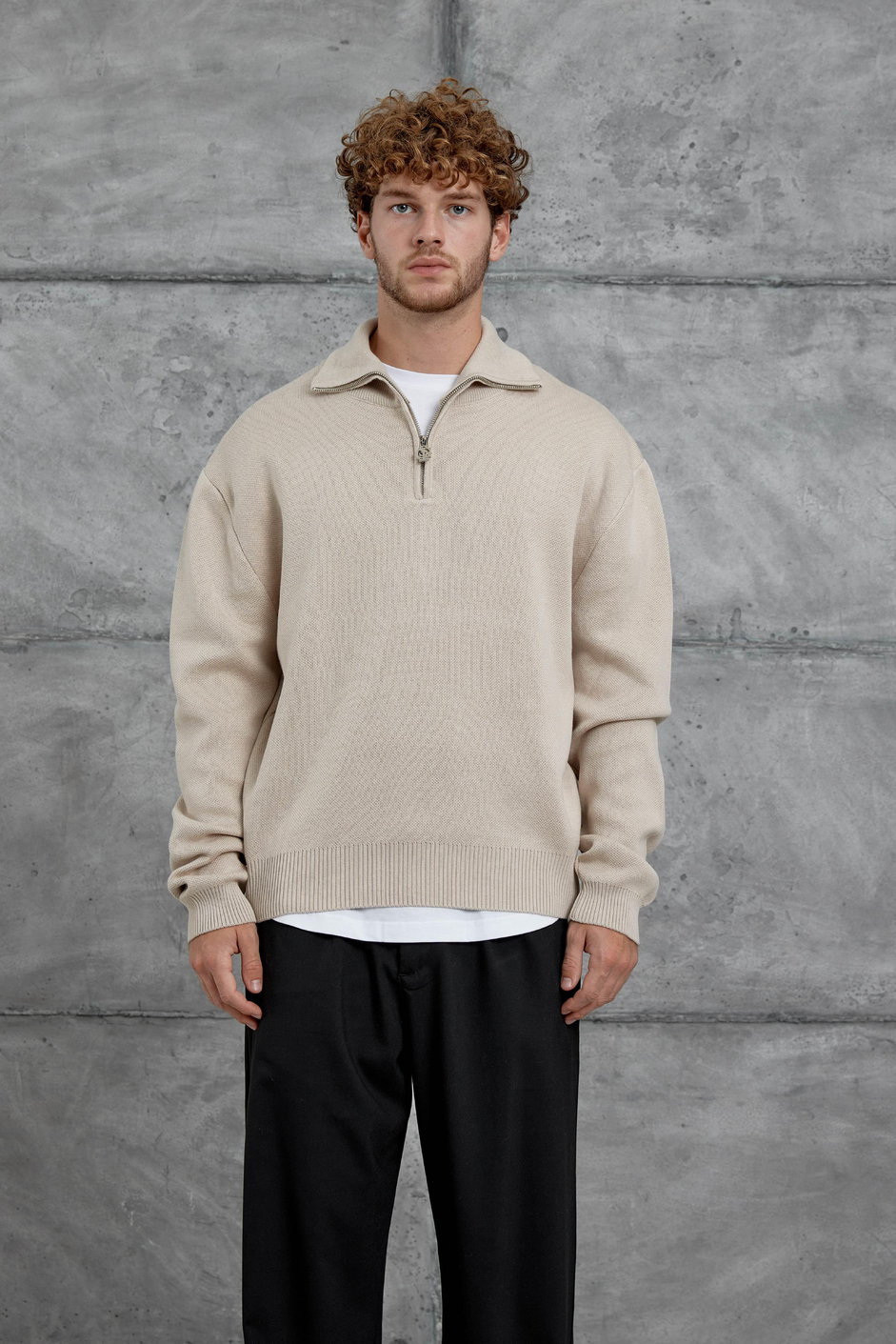 Krem Gst Yarım Fermuarlı Oversize Triko