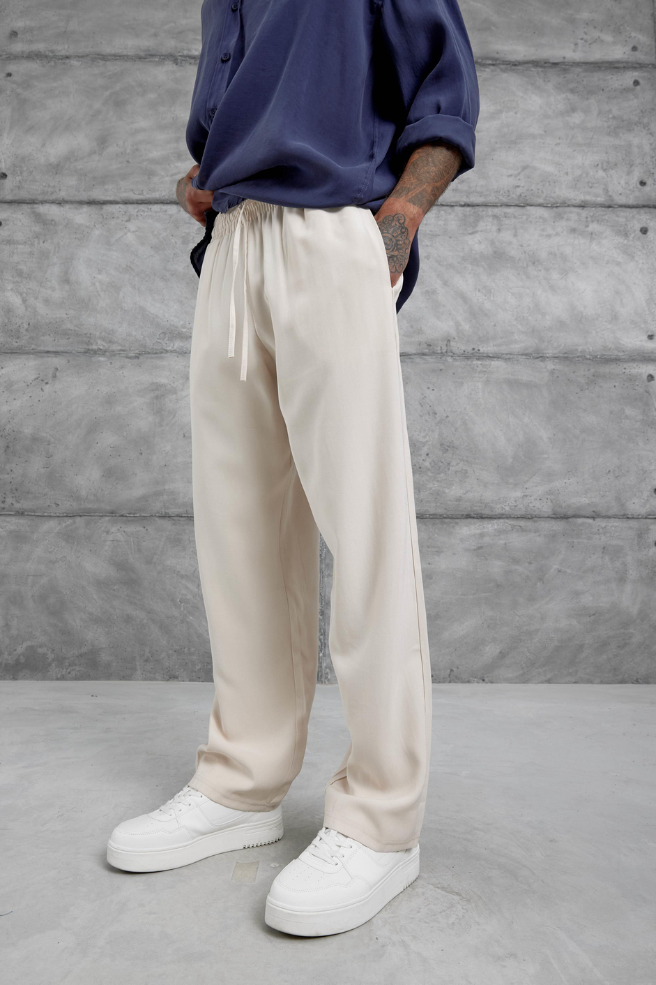 Krem Kp Duble Kumaş Baggy Pantolon