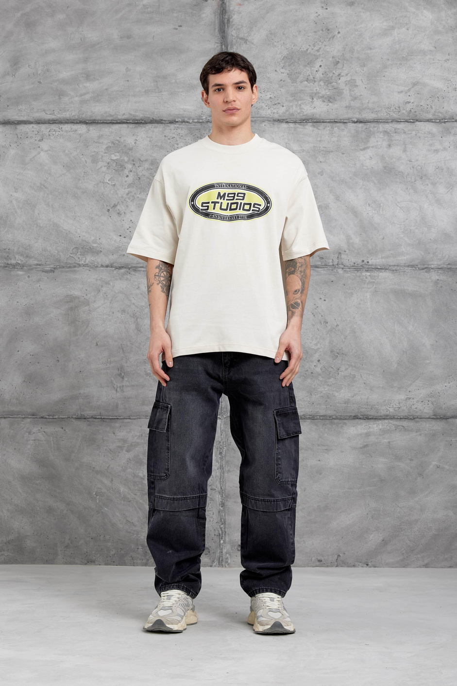 Krem M99 Studio Yazılı Oversize Tshirt