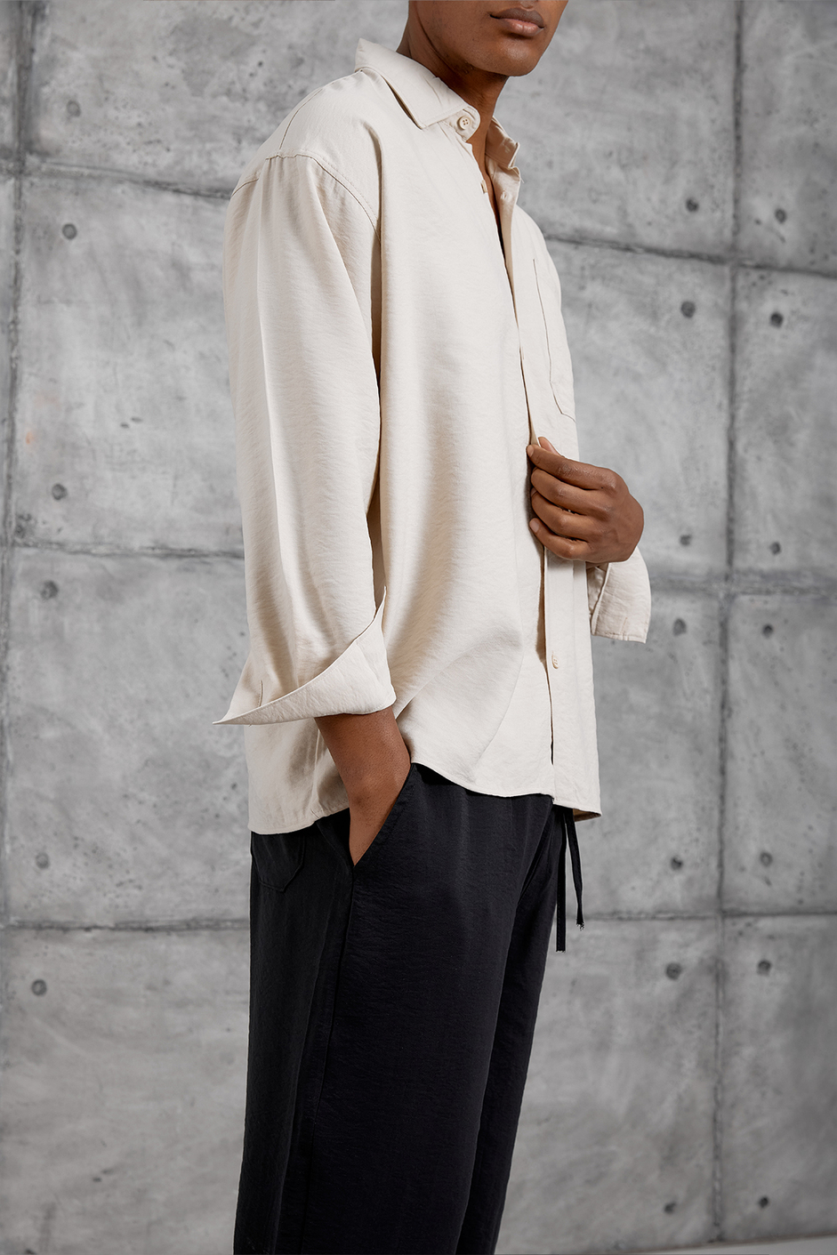 Krem MODAL KUMAŞ OVERSIZE GÖMLEK