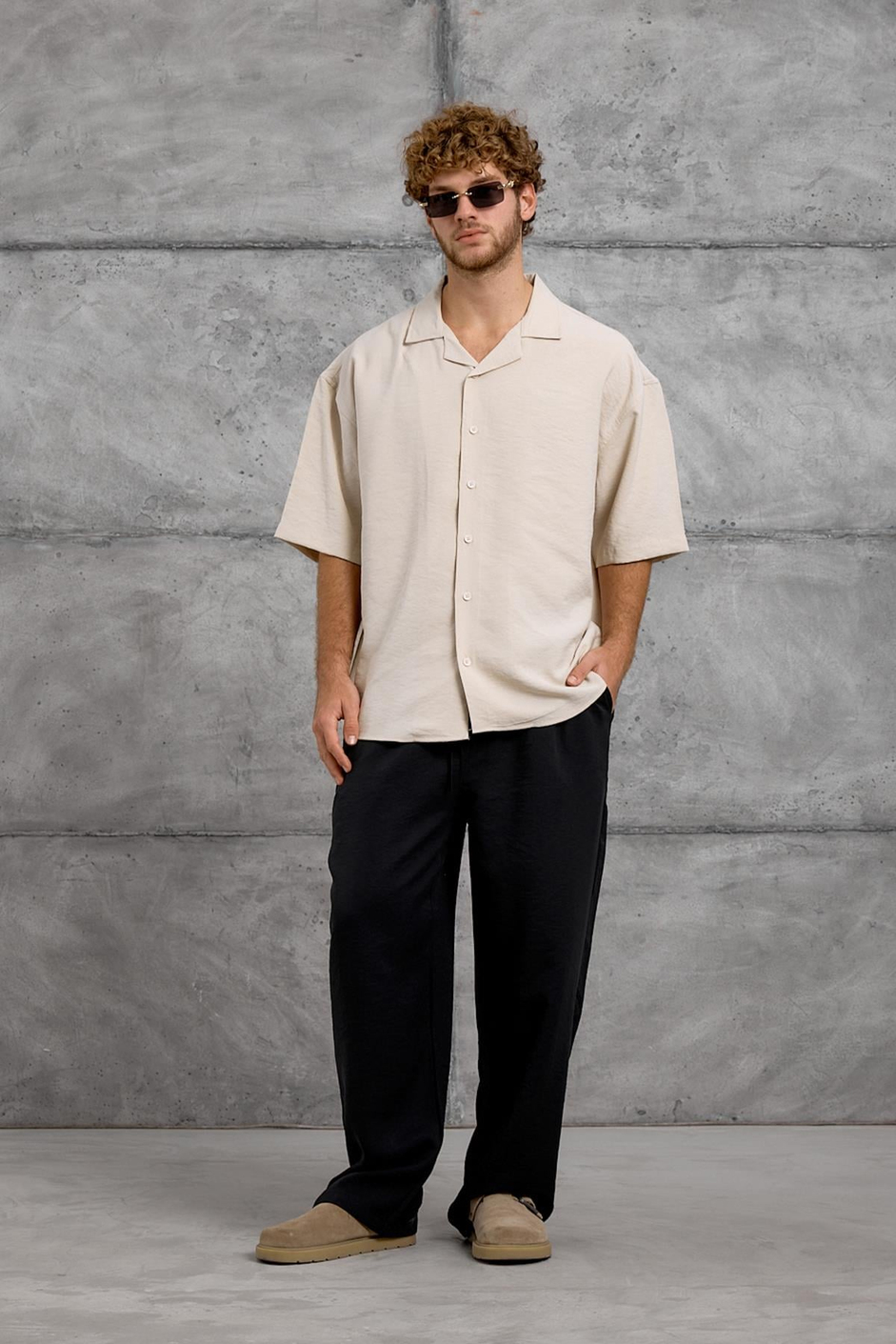 Krem MODAL KUMAŞ OVERSIZE GÖMLEK