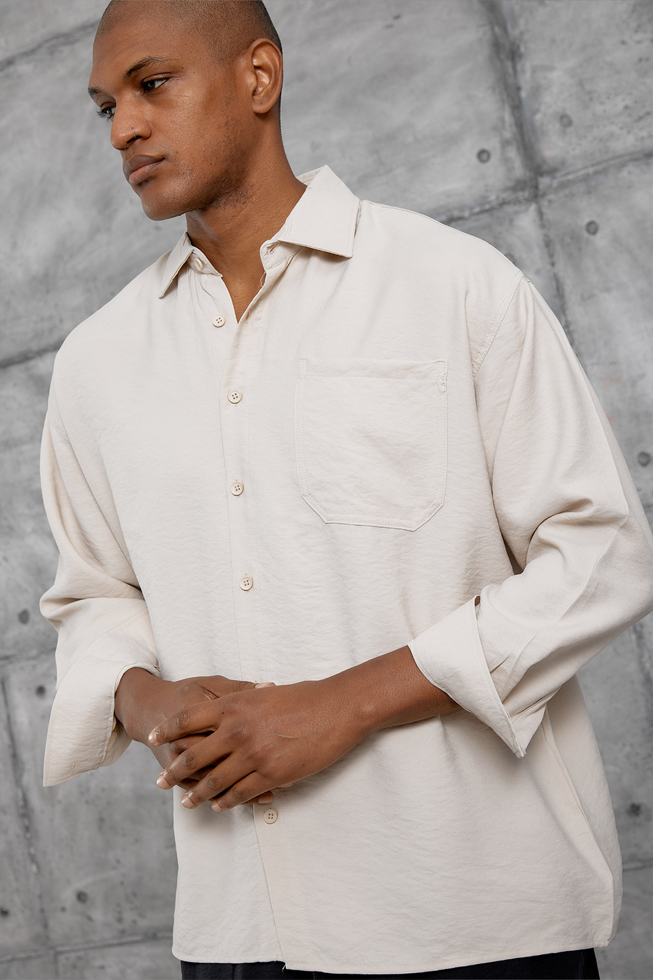 Krem MODAL KUMAŞ OVERSIZE GÖMLEK