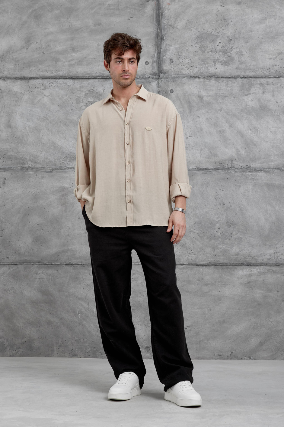 Krem Modal Kumaş Oversize Gömlek